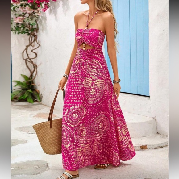 Dresses & Skirts - Elegant Boho Pink Cutout Bead Halter Maxi Dress